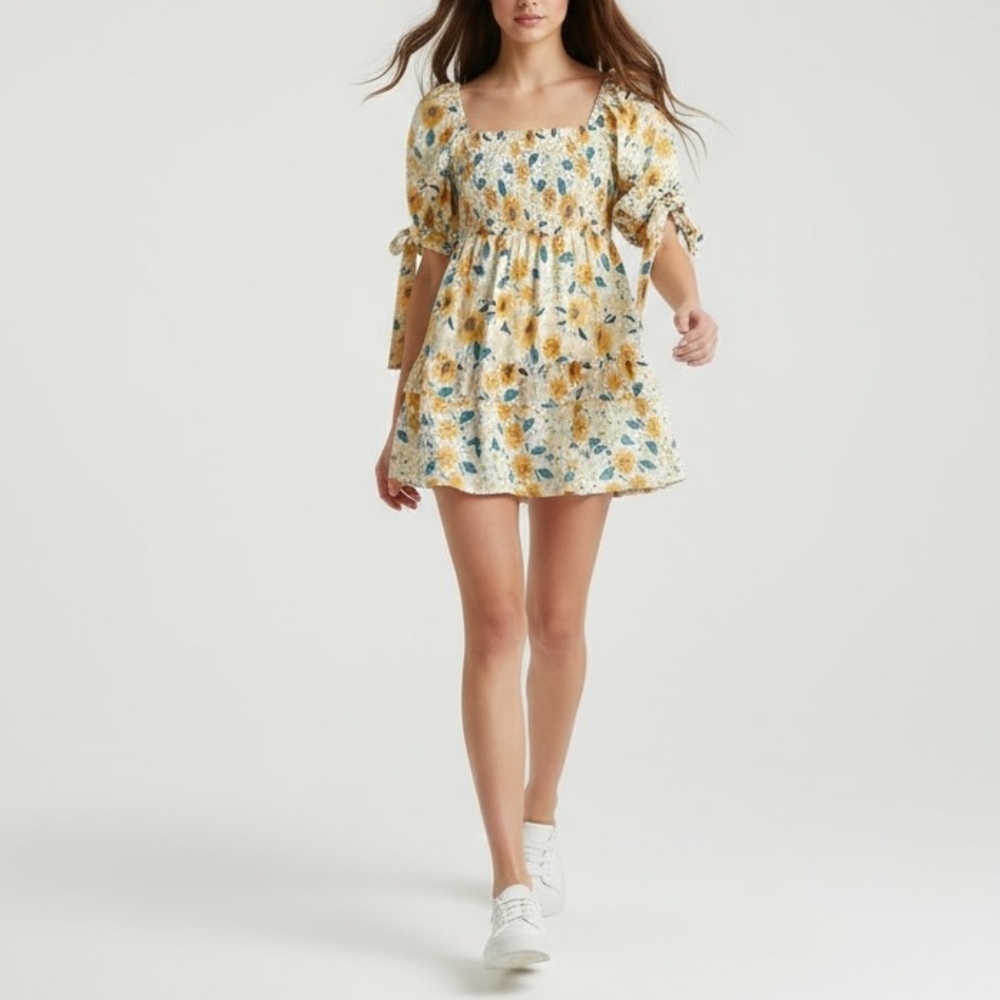 Moodie Sunflower Eyelet Smocked Tie Sleeve Square Neck Mini Dress